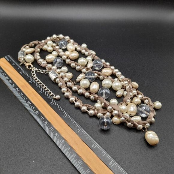 Chico's Glass Pearl Long Necklace,  Clear Globe Beads, 41 Inches, Beige Ribbon - Picture 7 of 11